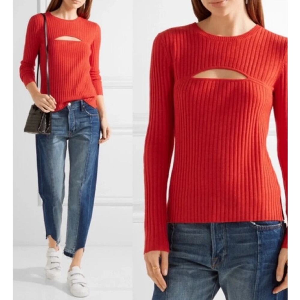 FRAME Merino Wool Blend Overlap Rib Knit Cutout Sweater Red Size Small $295 MSRP